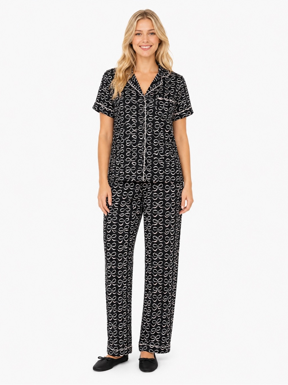 New kate spade Black Light Pink Bow-Print Short Sleeve Pajama Set S